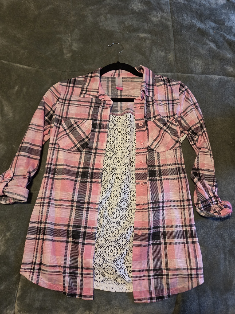 No Boundaries Pink Plaid Shirt with Black Accents